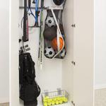 A great way to organize all your sports gear.  Notice the recessed and fully adjustable door hinges.  These are stronger than surface mounted hinges and keeps the look of the exterior clean.